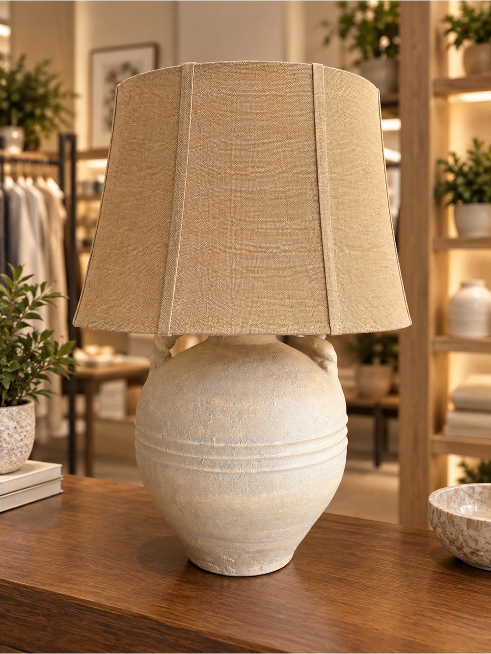 Vintage Cream Ceramic Table Lamp with Tan Shade